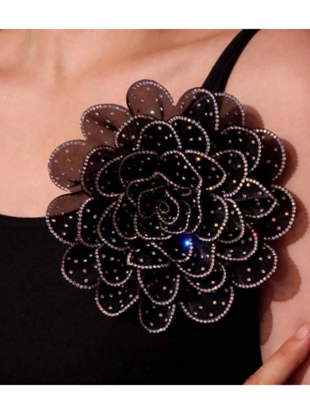 Large Black 3D Fabric Flower Brooch Multi‑Layer Mesh Applique with Rhinestones